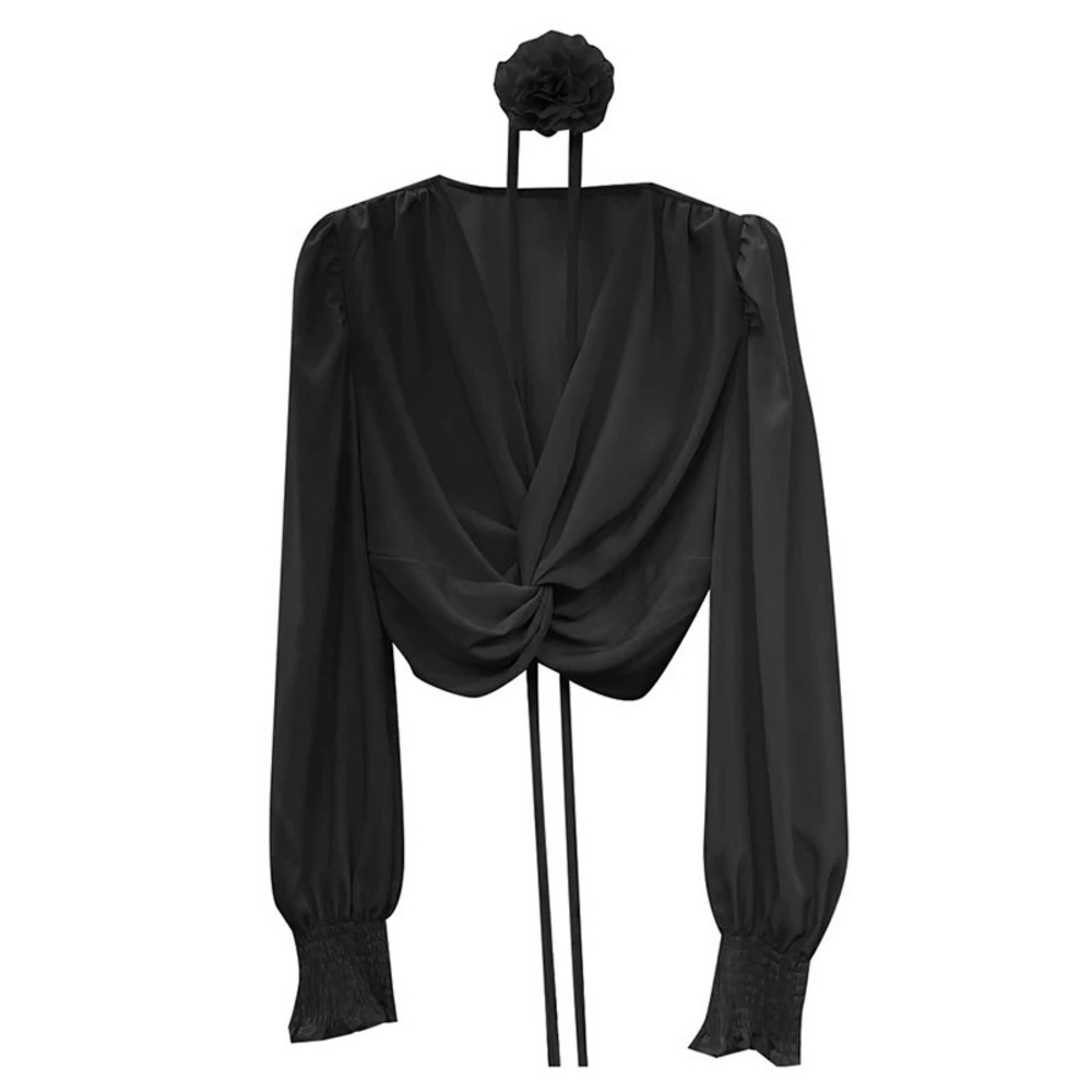 Elegant Neck Rope Flower Bubble Sleeve Satin Blouse